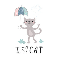 Cute cat vector design.Children illustration. Hand draw cute cat with umbrella. I love cat. Animal print.