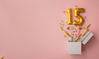 Number 15 birthday balloon celebration gift box lay flat explosion