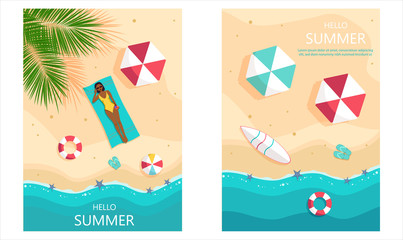 Set summer backgrounds. Couple sunbathing top view. A man and an African American woman are sunbathing on a beach. Beach time vector illustration
