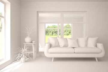 Mock up of minimalist living room in white color with sofa. Scandinavian interior design. 3D illustration