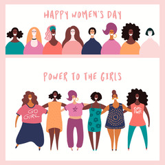 Obraz na płótnie Canvas Set of womens day card, banner designs with beautiful diverse women and quotes. Hand drawn vector illustration. Flat style. Concept, element for feminism, girl power. Female cartoon characters.