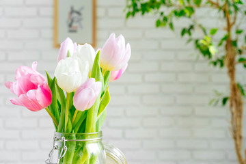 Bouquet of fresh flowers on a table, close up