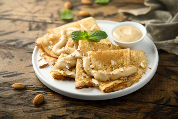 Homemade crepes with salted caramel sauce