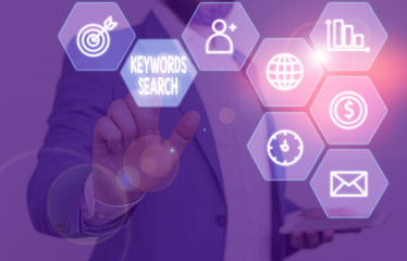 Word writing text Keywords Search. Business photo showcasing looks for matching documents that...