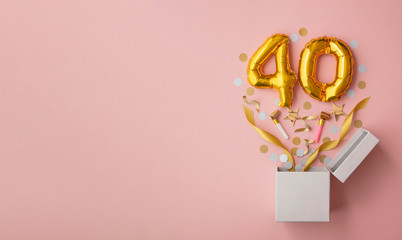 Number 40 birthday balloon celebration gift box lay flat explosion - obrazy, fototapety, plakaty