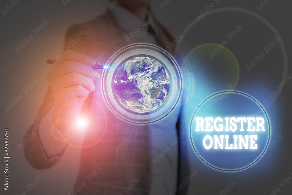Poster writing note showing register online. business concept for system for subscribing or registering via