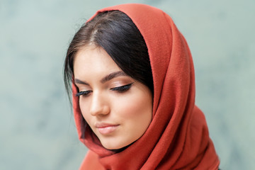 Portrait of beautiful young woman with perfect makeup and skin, beauty concept.