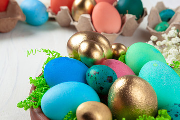 Fototapeta na wymiar Still life photo of lots of colourful Easter eggs