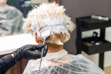 Hairdresser applies white dye on woman's hair in beauty salon.