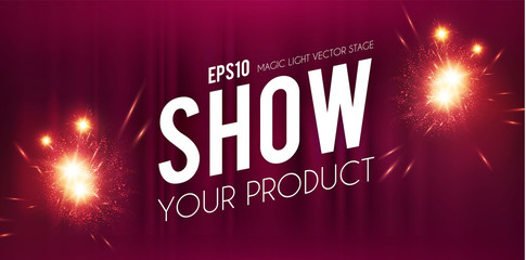 Show your product. Stage curtain and fireworks. Spotlight flash.