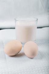 Two eggs and a cup of milk. Ingredients