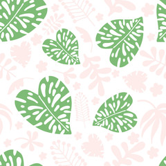 Seamless pattern of tropical leaves, flowers and plants on a white background. Colorful botanical background of pink and green plant elements. Floral hand drawn Scandinavian style in a flat vector