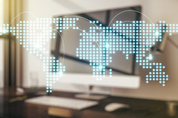 Abstract creative world map with connections on modern laptop background, international trading concept. Multiexposure