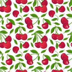 Seamless pattern of red cherries on a white background. Garden berry with a leaf on the stem. Sweet fruit cartoon. Berry background. Hand drawn vector illustration. Textile, wallpaper, wrapping paper.