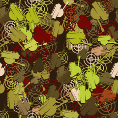 Cotton fabric Seamless pattern of a tank military vehicle and a target on a dark background. Vector image