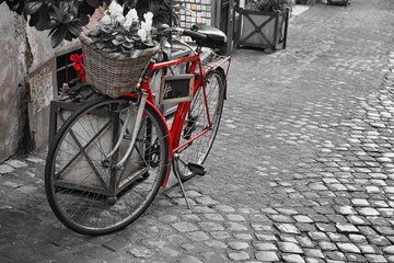 Obraz premium Bicycle whit selective red color on the street, monochrome background.