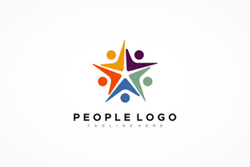 Colorful Five Star Icon Abstract People Logo isolated one white background. Flat Vector Logo Design Template Element.