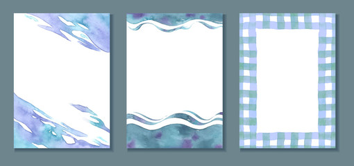Abstract watercolor vector background card template. Blue, purple color. Wave, watermark, plaid and check pattern.