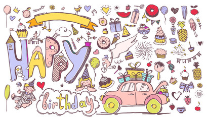 Fototapeta premium Happy Birthday. Color doodle sketch with holiday elements, sweets, gifts. Set of details for the design of invitations, parties, celebration. Vector illustration isolated on a white background