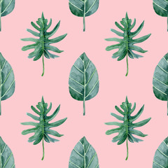 Watercolor tropical floral greenery seamless pattern on pink background. Exotic florals