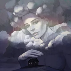  Digital metaphorical illustration of a zodiac sign Aquarius, as a mystical creature in a cloud holding her hand above the roof of the house protecting it from rain © Alexandra Petruk