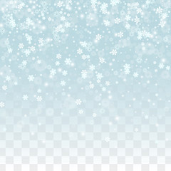 Christmas Vector Background with Falling Snowflakes  Isolated on Transparent Background. Realistic Snow Sparkle Pattern. Snowfall Overlay Print. Winter Sky. Realistic Snow. Happy Christmas, New Year.