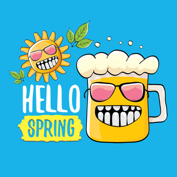 Hello spring concept illustration with vector cartoon funky beer glass character, flowers, green leaves and spring orange sun character isolated on blue background.