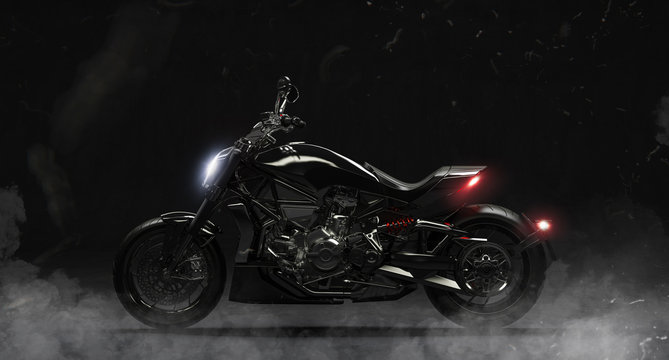 3d render of beautiful black motorcycle on dark background