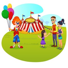 Obraz na płótnie Canvas Bright Flyer Invitation Circus Arrival Cartoon. Husband and Wife Drink Coffee and Look at Clown. Daughter Calls Parents to go to Circus. Summer Fun for Children. Vector Illustration.