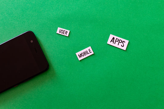 Apps user mobile text with smartphone. Flat color design computer for advertising in green mobile technology. ecology and mobile web developer. Green coding