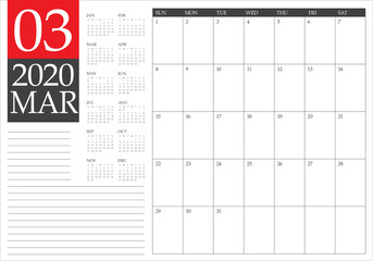 March 2020 desk calendar vector illustration