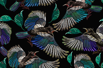 Embroidery magpie birds and feathers. Template for clothes, textiles, t-shirt design