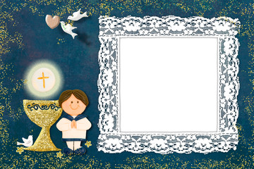 First communion brown boy, photo frame card