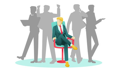 Cartoon Businessman Character Sitting on Boss Chair. Human Silhouettes or Man Shadows in Different Poses on Backdrop. Business Planning, Daily Scheduling, Time Management. Vector Flat Illustration