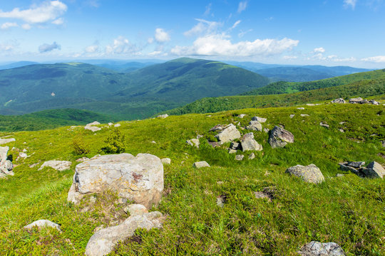 rocks on the alpine meadow. beautiful summer scenery of runa mountain. rural valley in the distance. sunny weather with fluffy clouds on the blue sky