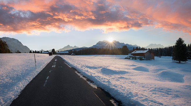 sunset scenery hiking area buckelwiesen, walkway and mountain view, beautiful clouds