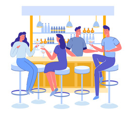 Alcohol Bar or Pub Visitors Drinking and Talking and Bartender Serve Beverages. Cocktail Evening in Restaurant and Urban Night Lifestyle with Cartoon People Characters. Flat Vector Illustration.