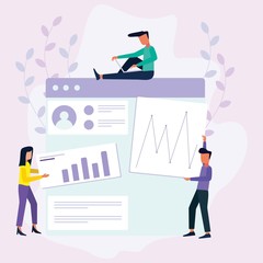 vector illustration of people building a business on the internet. laptop screen with a website. team work, online business promotion, takeoff ranking from work, ideas