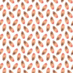 Feather pattern. Seamless pattern with watercolor feathers on a white background. Bright watercolor feathers in orange and brown shades in cartoon style for paper and textile