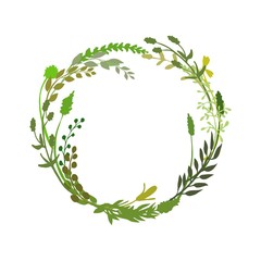 Floral wreath made of grass in circle. Hand drawn wild herbs and flowers. Botanical illustration. Great to place text, quote or logo. Round frame or border. Vector