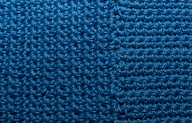 Knitted texture, front surface. Natural wool, classic blue, monochrome. Close-up, background