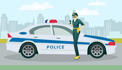 Public Safety Cartoon Officer Female Character in Uniform Holding Portable Radio Set and Police Car on Street Vehicle on Flat City Street. Emergency Service Department. Vector Illustration