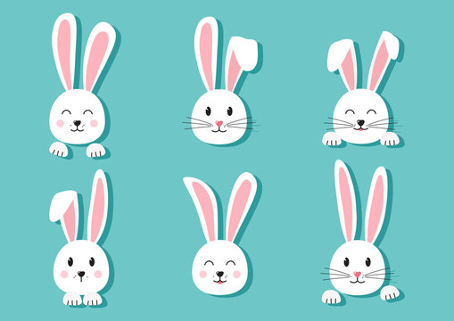 Cute Easter bunnies hand drawn, paper face of rabbits on turquoise background. Elements for design greeting cards. Vector illustration