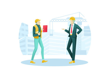 Fototapeta na wymiar Chief Engineer and Subordinate Characters. Businessman in Suit Giving Instruction to Employee. Construction Site with Crane Tower and Buildings. Engineering and Architecture. Vector Flat Illustration