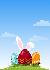 Chocolate easter egg with ears in the meadow. Modern easter card with spring nature background and place for text. Blank for invitation, sale, design. Flat vector illustration