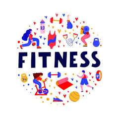 Fitness vector hand lettering with people working out and fitness related elements in a circular shape. Weights, dumbbell, yoga mat, swimming suit, fitness tracker, boxing gloves flat illustration.