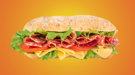 Ciabatta sandwich with lettuce, tomatoes prosciutto and cheese
