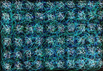 Abstract background of chaotic lines in blue and turquoise on a black background. Futuristic background. Pixel graphics.