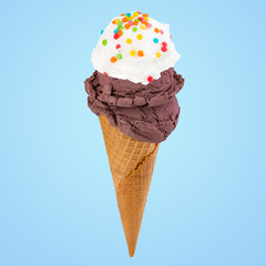 chocolate ice creamin in the cone isolated on white background