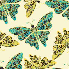 Seamless pattern with  colourful butterflies on yellow background. Vector illustration.